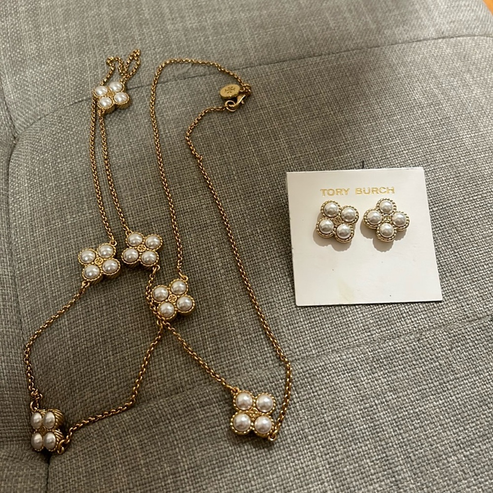 Tory Burch logo stud earrings and necklace